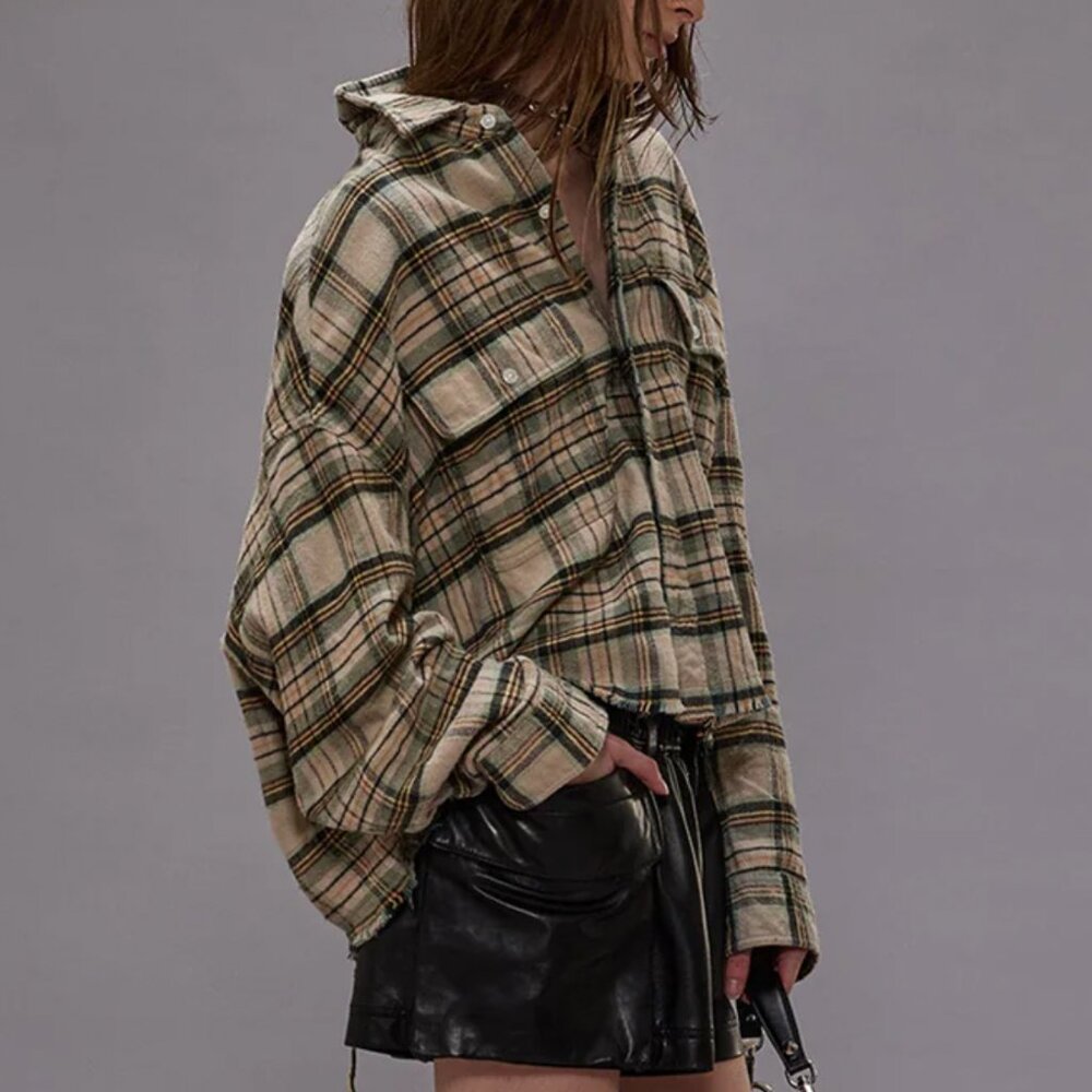 NWT R13 Cropped Work Shirt - Cream/Turquoise Plaid Cropped Boyfriend Casual